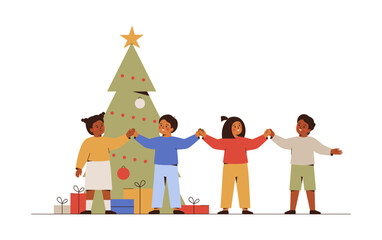 Happy children hold hands near decorated xmas tree. Merry Christmas festive design with kids, green fir with toys and garland. Elementary students celebrate new year eve. Vector illustration.