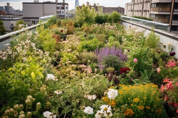 Urban Farm. Roof top urban farming organic garden with various vegetables plants, illustrating the potential for green spaces in city environments