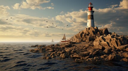 Lighthouse, perched on a rugged shoreline. Isolated, coastal guardian, rugged terrain, maritime navigation, enigmatic allure, seafarer's refuge. Generated by AI.