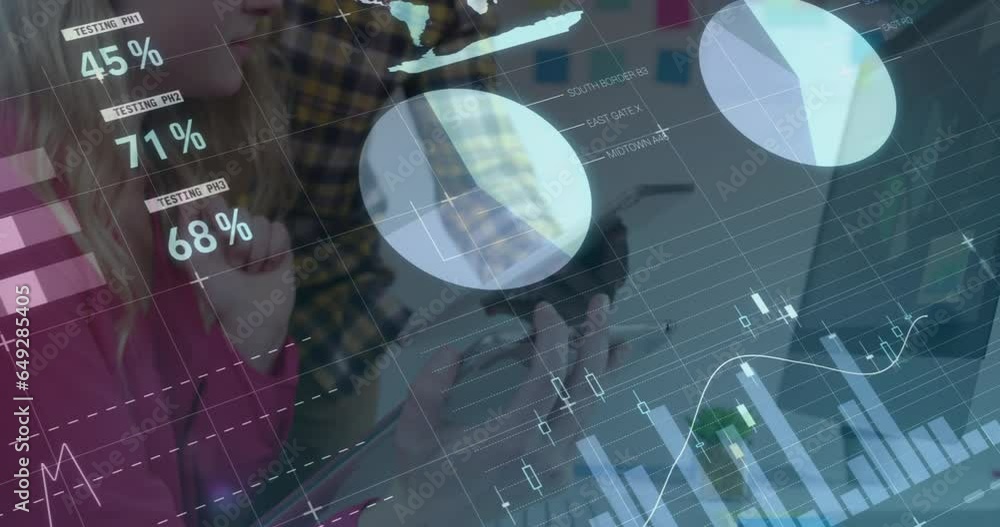 Poster animation of statistical data processing over diverse man and woman discussing over tablet at office