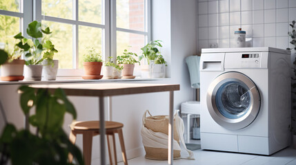 Interior of a real laundry room with a washing machine - obrazy, fototapety, plakaty