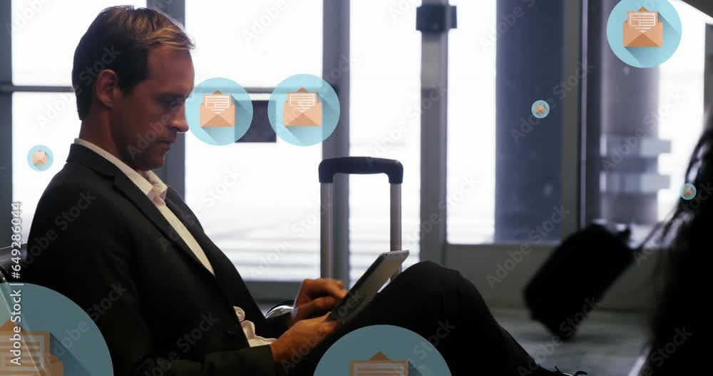 Poster animation of message icons floating over caucasian businessman using digital tablet at an airport