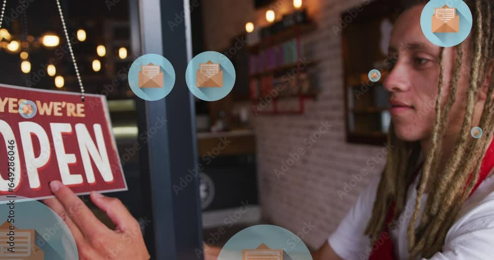 Poster animation of message icons over biracial waitress flipping open label to welcome customer at a cafe
