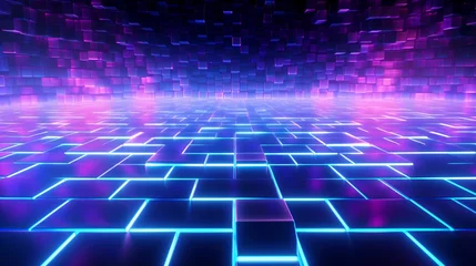 Foto op Canvas Neon glow cyan blue and purple perspective grid room, cyberspace, digital techonology and VR concept, retro future abstract background. © Sunday Cat Studio