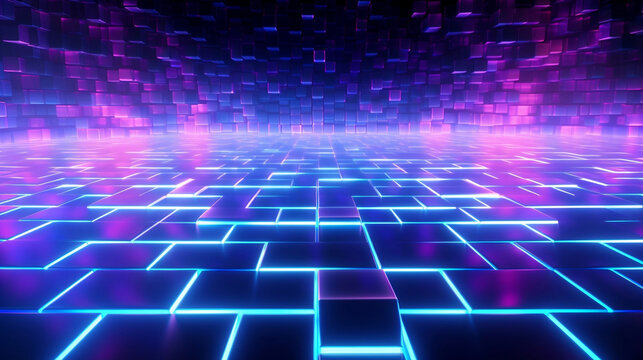 Neon Glow Cyan Blue And Purple Perspective Grid Room, Cyberspace, Digital Techonology And VR Concept, Retro Future Abstract Background.