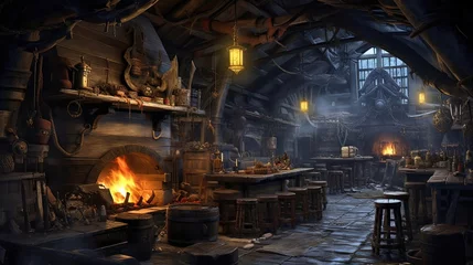 Fotobehang Tavern bustling with pirates, their narratives alive with sea monsters and tales of daring on the high seas. Pirate storytelling, maritime sagas. Generated by AI. © Anastasia