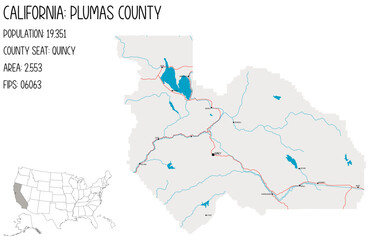 Fototapeta premium Large and detailed map of Plumas County in California, USA.