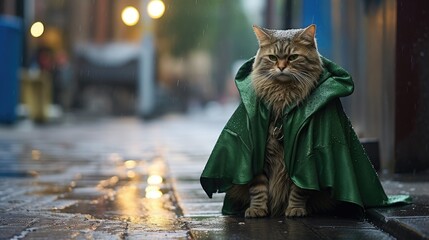 A cat in a green cape is sitting on