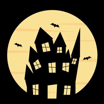 
An illustration depicting an ominous black castle against the backdrop of a huge moon. The bats. Halloween holiday
