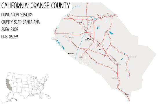 Large and detailed map of Orange County in California, USA.