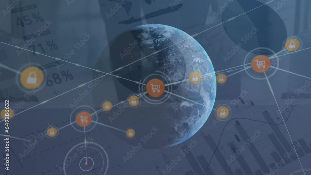 Poster animation of network of digital icons and statistical data processing against spinning globe