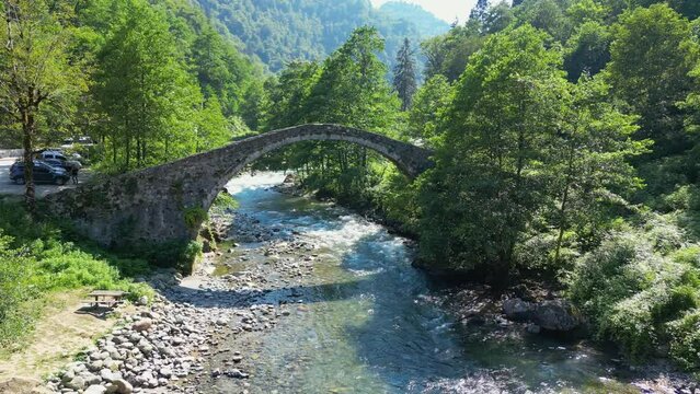 Aerial view of the historical bridge. Drone view of the historical bridge built on the river Rize T&uuml;rkiye