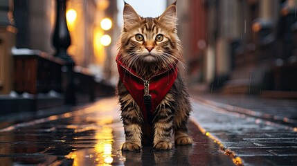 A cat with a red collar is  standing on a wet  sidewalk