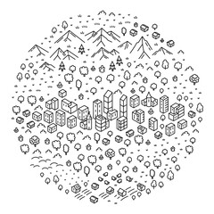 City circle map. Editable outline. Vector line illustration sketch.