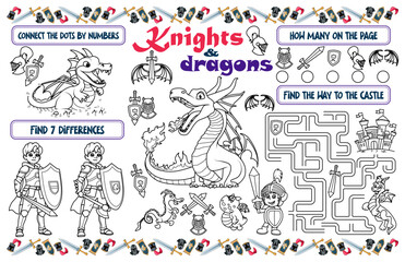 Festive placemat for children. Printable activity sheet "Knights and dragons" with a labyrinth, connect the dots and find differences. 17x11 inch printable vector file