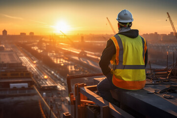 engineer wearing protective cask and yellow vest looks at the construction site from top in background of building crenes and beautiful sunset sky. concept for construction work and management. - obrazy, fototapety, plakaty