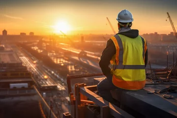 Foto op Canvas engineer wearing protective cask and yellow vest looks at the construction site from top in background of building crenes and beautiful sunset sky. concept for construction work and management. © cwa