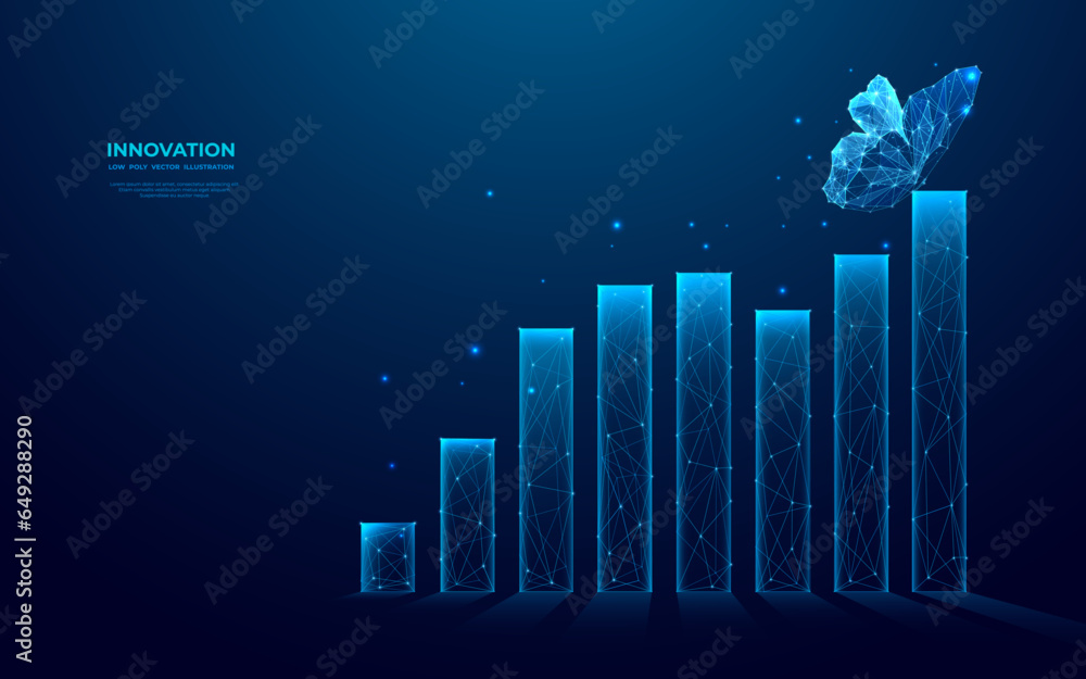 Aufkleber Abstract butterfly sits on the top of the graph chart. Digital insect hologram in futuristic low poly wireframe style. Growth graph or bar chart on technology dark blue background. Vector illustration