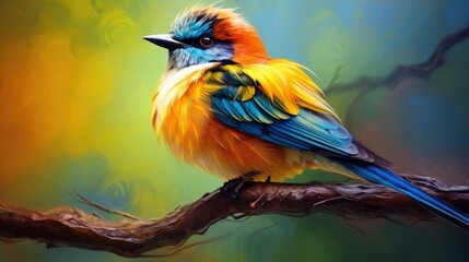 A colorful bird with orange and yellow feathers sits