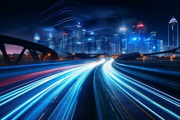 Fototapeta na wymiar Fast self-driving vehicle races on freeway in advanced urban area during nighttime. Generative AI