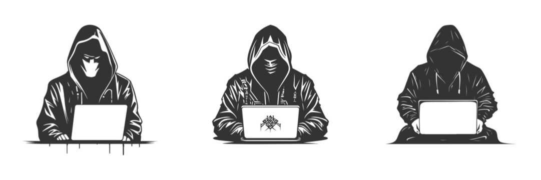 Hacker silhouette. Ьan in a hood working at a laptop. Vector illustration.