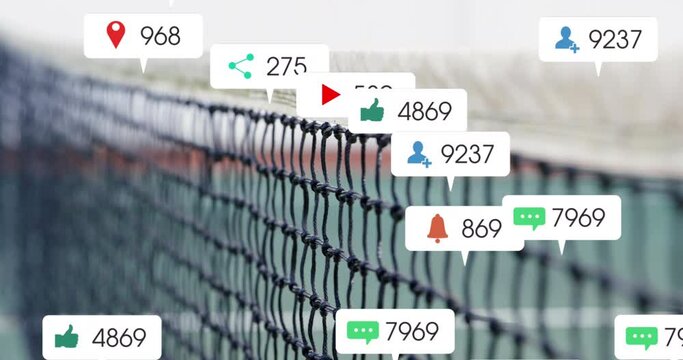 Animation of social media icons floating against empty tennis court