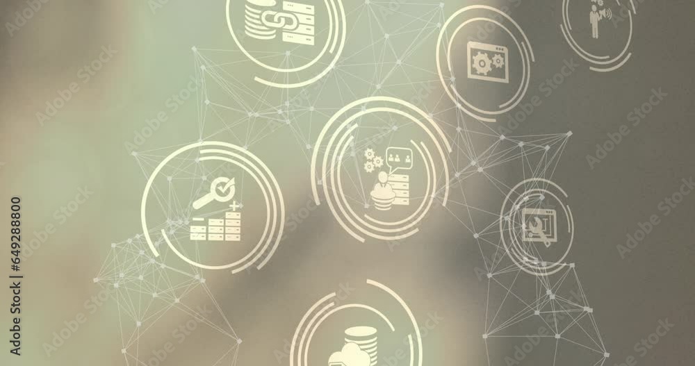 Poster animation of multiple digital icons and network of connections against gradient grey background
