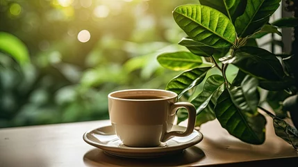  A cup of coffee with a plant in the background © Berkahmu