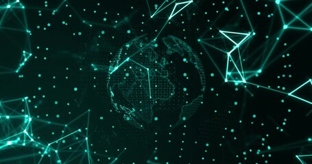 Animation of network of connections over spinning globe and glowing spots on black background - Powered by Adobe