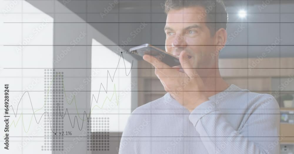 Poster animation of statistical data processing against caucasian man talking on smartphone at office