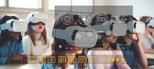 E-learning education, internet lessons and online webinar, internet Technology, student video conference with teacher and classmates on computer in room at home, Homeschooling and distance learning