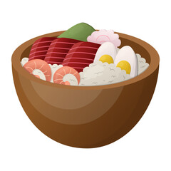 Asian style rice poke with shrimp and tuna. vector illustration on a white background