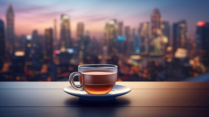 A cup of tea on a table with a blurred cityscape in