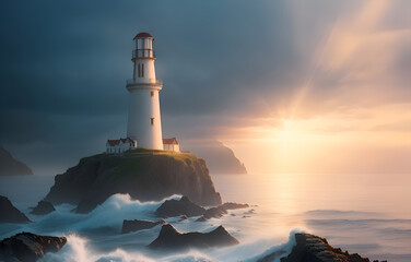 A lighthouse perched on a rugged coastline. Its radiant beam of light pierces through the mist, guiding ships safely through the treacherous waters - Generative AI - 649289845