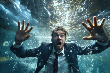 Stressed and desperate businessman underwater at workplace, suffering from burnout, sinks due to excessive work, mental load, economic crisis, bankruptcy, depression and recession - Panic on Finance - obrazy, fototapety, plakaty