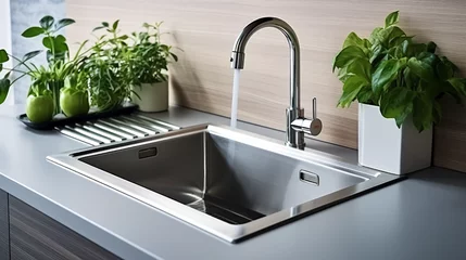 Foto op Plexiglas Metal kitchen sink and tap water in kitchen © Little