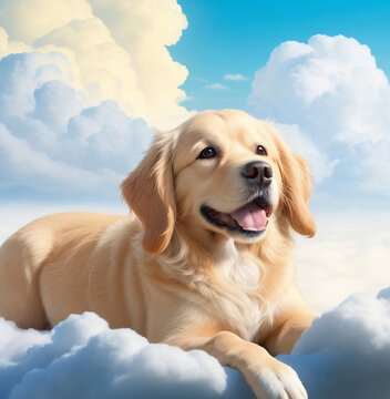 Picture of a labrador in heavenly clouds. Happy dog in the sky, favorite pets, beautiful happy dog.