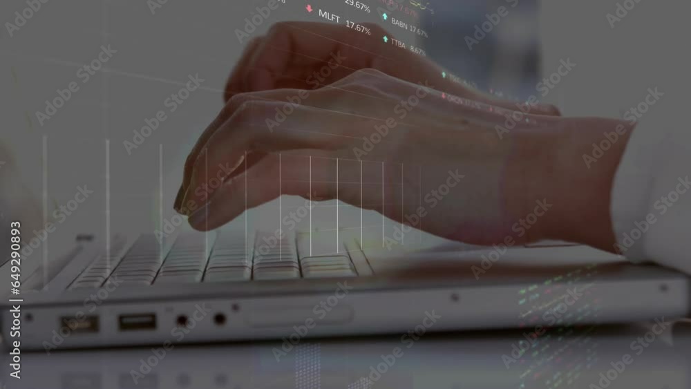 Poster animation of statistical, stock market data processing over mid section of a man using laptop