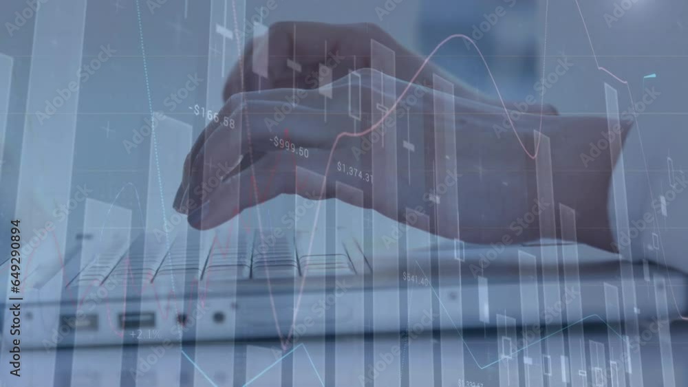 Poster animation of statistical data processing against mid section of a man using laptop at office