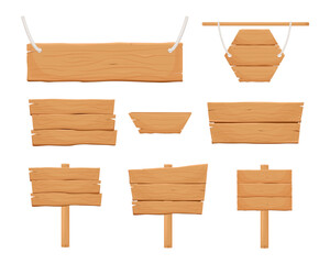 Wooden banners, set of information boards, templates of billboards, rural announcement signs. Vector cartoon collection of wooden texture backgrounds.