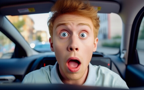 A shocked and surprised young man with open wide eyes and mouth driving car