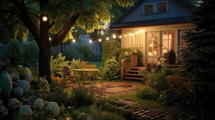 Fototapeta na wymiar Summer Evening at a Picturesque Suburban House Patio. Garden Lights Aglow