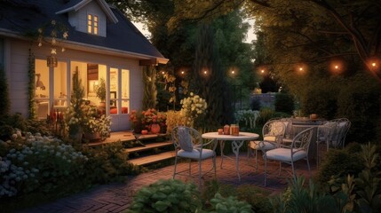 Obraz na płótnie Canvas Summer Evening at a Picturesque Suburban House Patio. Garden Lights Aglow