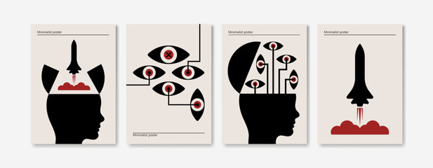 A set of minimalist posters on the theme of technology and science. Vector illustration.