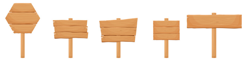 Wooden banners, set of information boards, templates of billboards, rural announcement signs. Vector cartoon collection of wooden texture backgrounds.