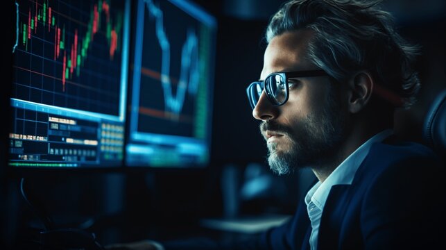 The man carefully monitors the status of quotes on the monitor.
