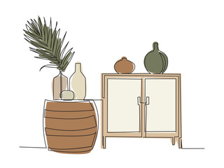 Continuous one line drawing of bedside table and vases. Vector illustration
