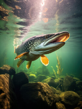 Pike in its Natural Habitat, Wildlife Photography, Generative AI