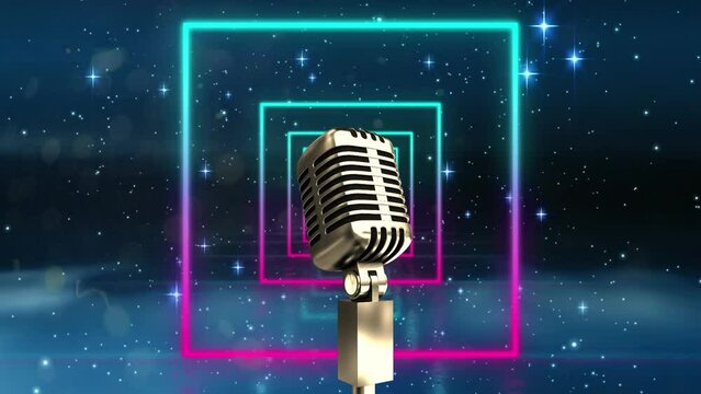 Animation of microphone over gradient sqaure shapes in seamless pattern and shining stars