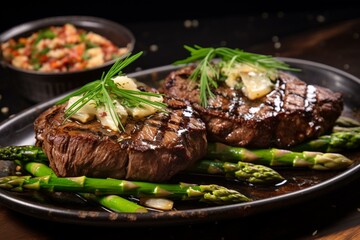 Grilled fillet beef steaks with onions and asparagus on a plate. Generative AI